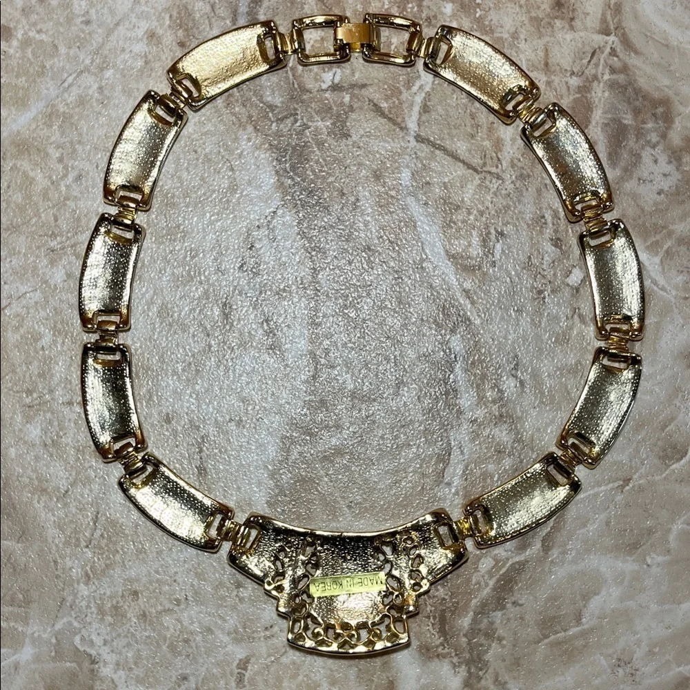 Vintage Art Deco Pink Enamel and Gold Colored Linked Necklace